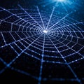 A detailed spider web is illuminated under a blue light, creating a striking visual Royalty Free Stock Photo