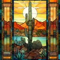 Detailed Stained Glass Sunset Cactus: A Breathtaking Arizona Desert Fjord Royalty Free Stock Photo