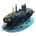 Detailed Steampunk Submarine Resting On Watery Land