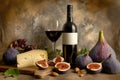 A detailed still life painting depicting a red wine bottle, a variety of cheeses, and ripe figs arranged on a table, A