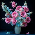 Teal And Pink Hollyhock Arrangement With 3d Effect