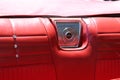 Monterey, CA, USA - 18 Aug 2022: Beautiful red leather interior back seat of a restored classic Chevy Impala.