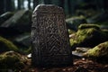 A detailed stone embellished with an intricate design rests peacefully in the heart of a vibrant forest, A stone engraving of