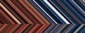 Detailed striped dual geometric pattern composed of big amount of thin blue and brown stripes