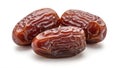 Three Luscious Dried Dates with Glossy, Wrinkled Skin Isolated on a White Background Royalty Free Stock Photo