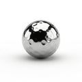 A detailed, studio shot of a shiny, silver-metallic sphere featuring a hammered texture and distorted reflections against a clean Royalty Free Stock Photo