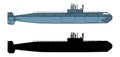 Detailed Submarine and Black Silhouette. Side view. Warship in realistic style. Military ship. Battleship model. Vector. Royalty Free Stock Photo