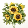 Detailed Sunflower Watercolor With White Background