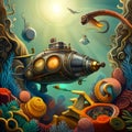 steampunk submarine exploring a coral reef, surrounded by exotic sea creatures and vibrant coral