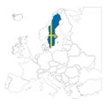 Detailed Sweden silhouette with national flag on contour europe map on white