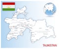Detailed Tajikistan administrative map with country flag and location on a blue globe