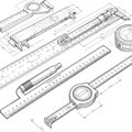 A detailed technical drawing featuring various measurement tools, including calipers, Royalty Free Stock Photo