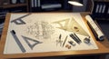 Detailed technical drawing laid out on a drafting table with engineering tools under warm lighting showing a mechanical design Royalty Free Stock Photo
