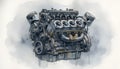 Detailed schematic drawing of a high-performance V8 engine block Royalty Free Stock Photo