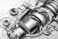 Detailed technical illustration of a complex mechanical gearbox showing interlocking gears and cylindrical components on an Royalty Free Stock Photo