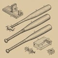 Detailed technical illustration of three wooden baseball bats displayed in different Royalty Free Stock Photo