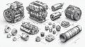 Detailed technical illustration of various engine parts, components, and assemblies Royalty Free Stock Photo