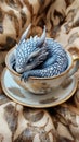 A detailed tiny dragon curled up inside a teacup, scales shimmering, hyper-realistic Royalty Free Stock Photo