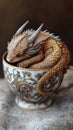 A detailed tiny dragon curled up inside a teacup, scales shimmering, hyper-realistic Royalty Free Stock Photo