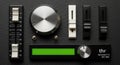 Close-up of audio mixer controls with sliders knobs and green display on textured surface sound control Royalty Free Stock Photo