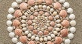 Seashell Mandala on Sand - Beach Background with Scallops and Cowries Royalty Free Stock Photo
