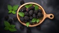 Detailed Top View Of Blackberries In Wooden Bowl On Textured Background
