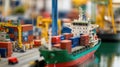 A detailed toy model of a cargo ship docked in a busy harbor Royalty Free Stock Photo