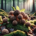 Detailed truffle mushrooms amidst green foliage, illuminated by soft light filtering through a dense forest. Royalty Free Stock Photo