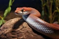 A detailed, up-close image of a snake resting on a rock, The Texas rat snake Elaphe obsoleta lindheimeri is a subspecies of rat