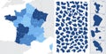 Detailed, vector, blue map of France with administrative divisions into regions and departments, metropolis and overseas