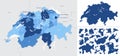 Detailed, vector, blue map of Switzerland with administrative divisions into regions country