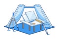 Detailed vector illustration of a blueprint drafting table with technical drawing tools, pens, and compasses in a professional