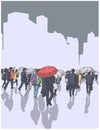 Detailed vector illustration of city urban crowd with umbrella in perspective