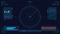 Futuristic heads-up display interface with radar screen, data graphs and status indicators Royalty Free Stock Photo