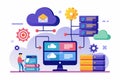 A detailed vector illustration showcasing cloud storage data management with servers, gears, and a computer, Cloud storage data Royalty Free Stock Photo