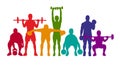 Detailed vector illustration silhouettes strong rolling people set girl and man sport fitness gym body-building workout powerlifti