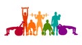 Detailed vector illustration silhouettes strong rolling people set girl and man sport fitness gym body-building workout powerlifti