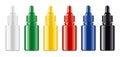 Colored Droppers Bottles set. Glossy surface, Non-transparent version. Royalty Free Stock Photo