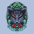 Detailed vector of kitsune mask with floral background ornament