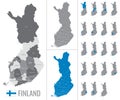 Detailed vector map of Finland regions with flag on white background