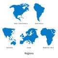 Detailed vector map of North - Central America, Asia Pacific, Europe, South America, Middle and East Africa Regions