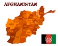 Detailed vector silhouette of Afghanistan and its provinces with abbreviated names. Outline of the state border on a