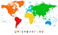 Detailed vector World map with colorful continents and flat map