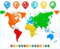 Detailed vector World map with colorful continents and map point Royalty Free Stock Photo