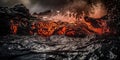 Detailed view of an active lava flow, hot magma emerges from a crack in the earth, the glowing lava appears in strong yellows and
