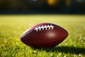 Detailed view American football on lush green grass, copy space