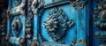 Close Up of Blue Door With Ornate Carvings Royalty Free Stock Photo