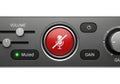 Close-up of audio interface mute button with red microphone icon and gain control knobs Royalty Free Stock Photo