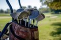 A detailed view of a bag filled with various types of golf clubs, including drivers, irons, and putters, A golf club bag filled