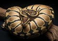 A closeup of a ball python coiled on a branch, showcasing its intricate patterns and scales against a dark background Royalty Free Stock Photo